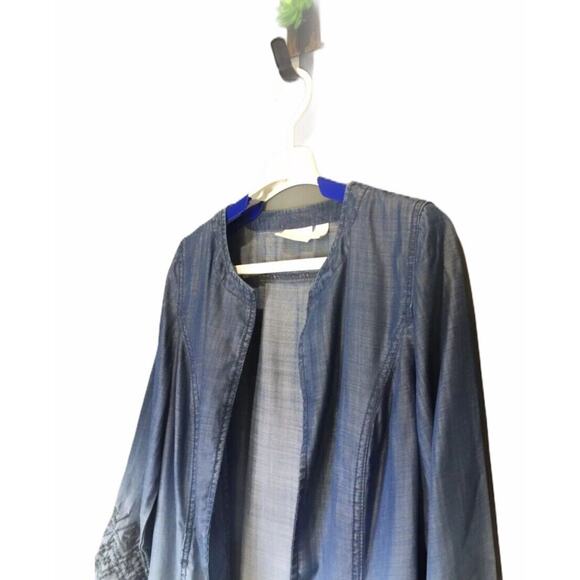 Chicos 0 US 4 Dip Dye Chambray Tunic Jacket Blue Ombre Embroidered Open Front - Picture 2 of 12